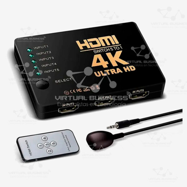 SWITCHER PARA HDMI 5 EN 1 CON SOPORTE A 4K